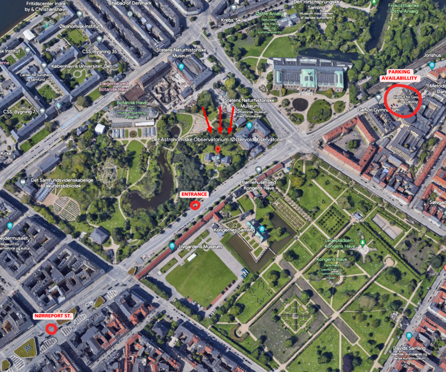 Aerial view, Pioneer Centre AI in relation to Nørreport St. and parking at Øster Voldgade 10